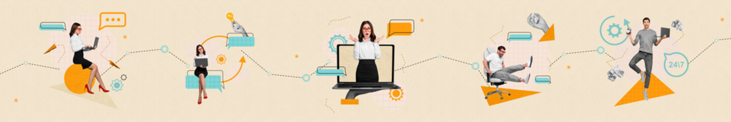 Collage picture configuration workers use gadget laptop technical support clients customers answer...