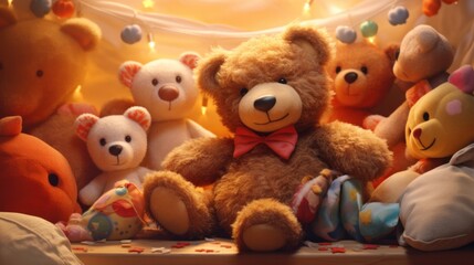 A cute teddy bear sat on a child's bed, surrounded by colorful pillows and stuffed animals.