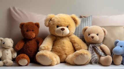 Obraz premium A cute teddy bear sat on a child's bed, surrounded by colorful pillows and stuffed animals.