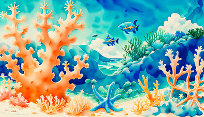 Fototapeta na wymiar Starfish at the ocean's Depths, Colorful watercolor Art. Generative AI.