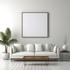 Blank poster frame mockup, sitting on sofa, contemporary style living room. AI Generated Image