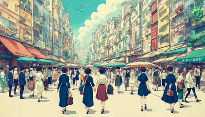 Obraz premium Crowd Crossing, Urban Street Scene. Generative AI.