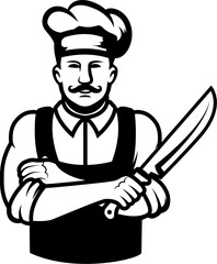 Illustration of a butcher with hatchet and meat. Design element for emblem, sign, badge. Vector illustration