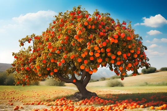 Autumn's gift: Persimmon tree laden with ripe fruits in the crisp autumn air, signifying the changing seasons