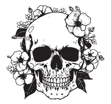 Skull and flowers sketch hand drawn in doodle style illustration