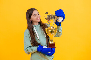 sport girl boxer won prize and is boxing champion in sport success