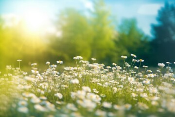 Fototapeta premium Beautiful blurred spring background nature with blooming glade chamomile, trees and blue sky on a sunny day, Generative AI
