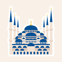 Sultan Ahmet Camii Mosque. Vector illustration. Islamic Turkish historic landmarks and sightseeings. Vector illustration. Blue element set.