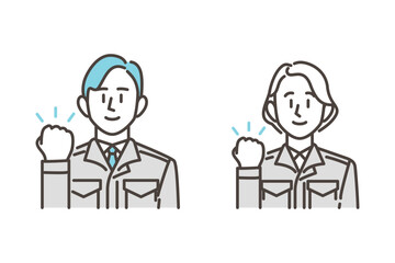 Male and female worker in work clothes fist pumping with a smile [Vector illustration]