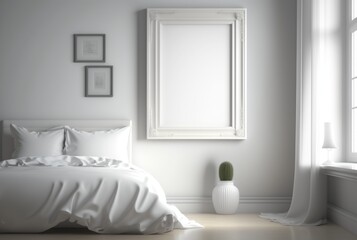 White empty frame in bedroom. generative ai
