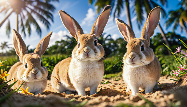 Rabbits frolicking on a paradise island. Generative AI.