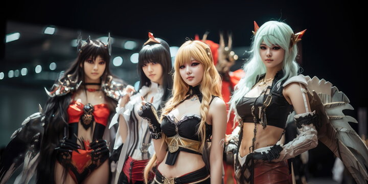 Cosplayer or cosplay posing for a group shot. Asian Cosplayer. Hand edited generative AI.