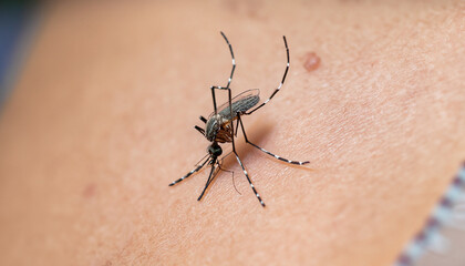 Dengue Aedes aegypti Mosquito on skin for dengue, zika and chikungunya fever disease