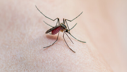 Dengue Aedes aegypti Mosquito on skin for dengue, zika and chikungunya fever disease