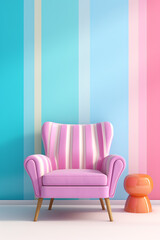 Abstract minimal concept. Pastel multi colour vibrant groovy retro striped background wall frame with bright armchair decor