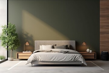 Bed in modern bedroom interior. Green home design. Decor background for house design