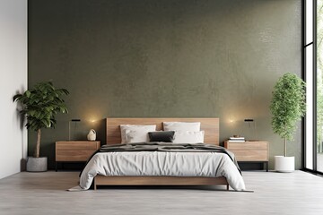 Bed in modern bedroom interior. Green home design. Decor background for house design