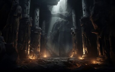 Mystical Light Ancient Temple's Dark Columns and Ruins. AI