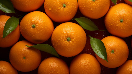 Top view of bright ripe fragrant delicious oranges with water drops