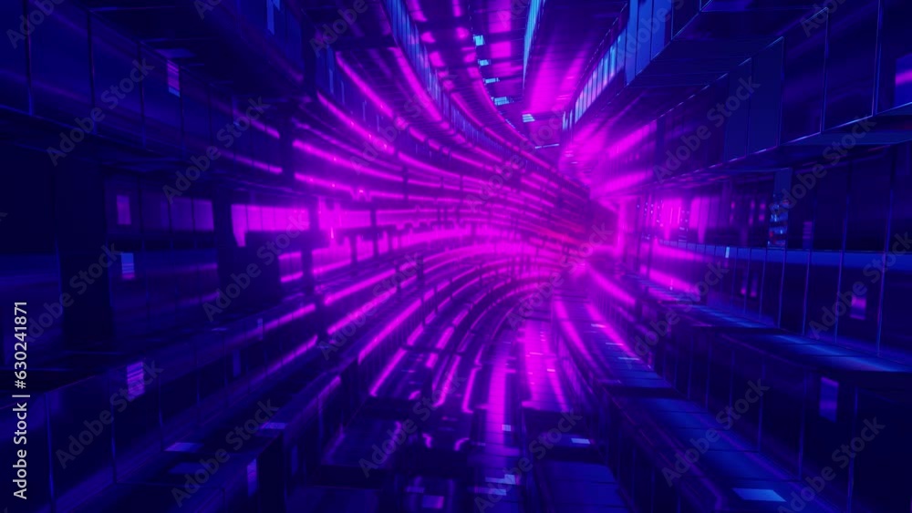 Poster 3d render loop animation of tunnel with glowing neon pattern