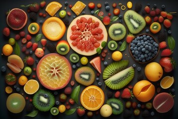 top view of fresh fruits neatly arranged for background. Generative AI.