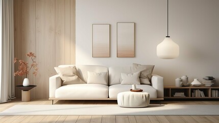 Fototapeta na wymiar Wooden floor and beige white-toned living room interior. Generative AI