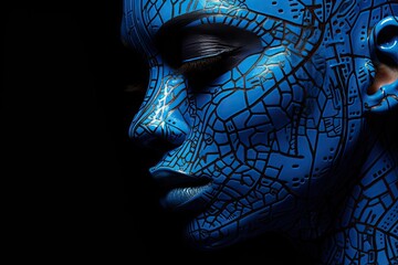 A mesmerizing artwork of a woman with mysterious blue skin and piercing black eyes, wearing a mesmerizing mask, captivates the viewer with its magical allure