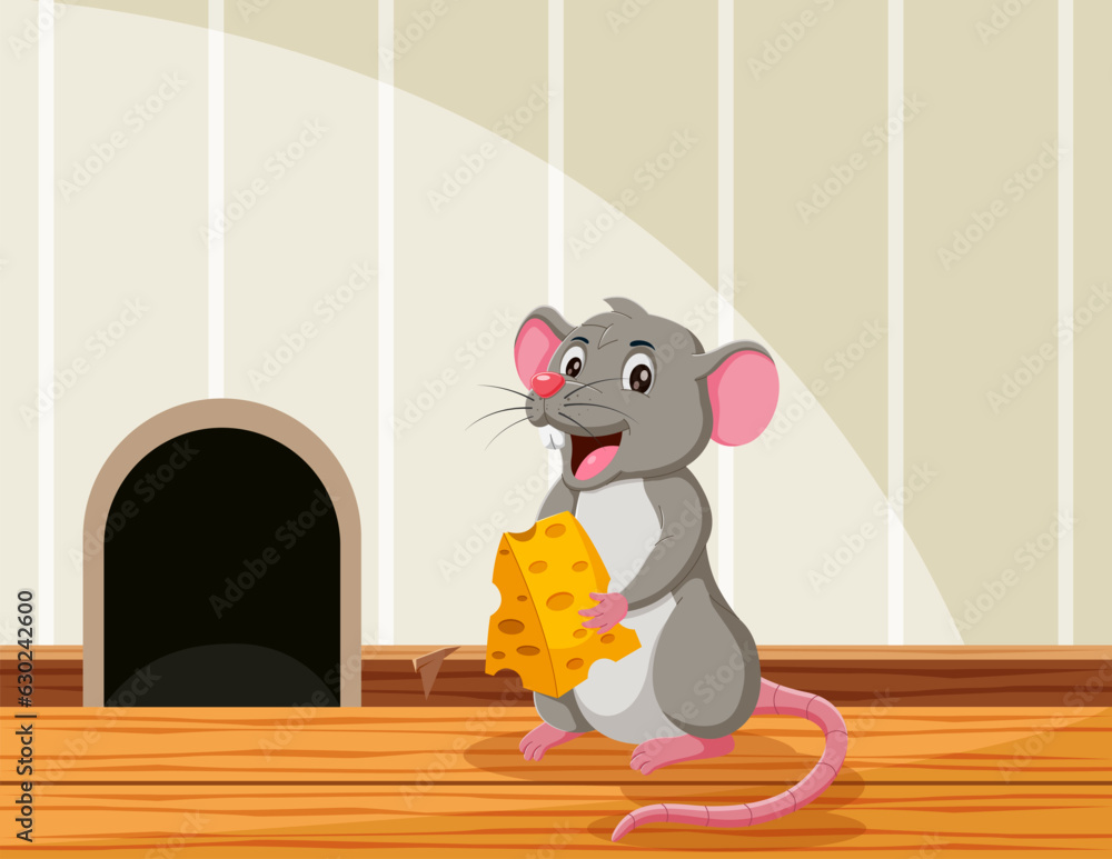 Wall mural Cartoon mouse holding cheese in the house. Vector illustration