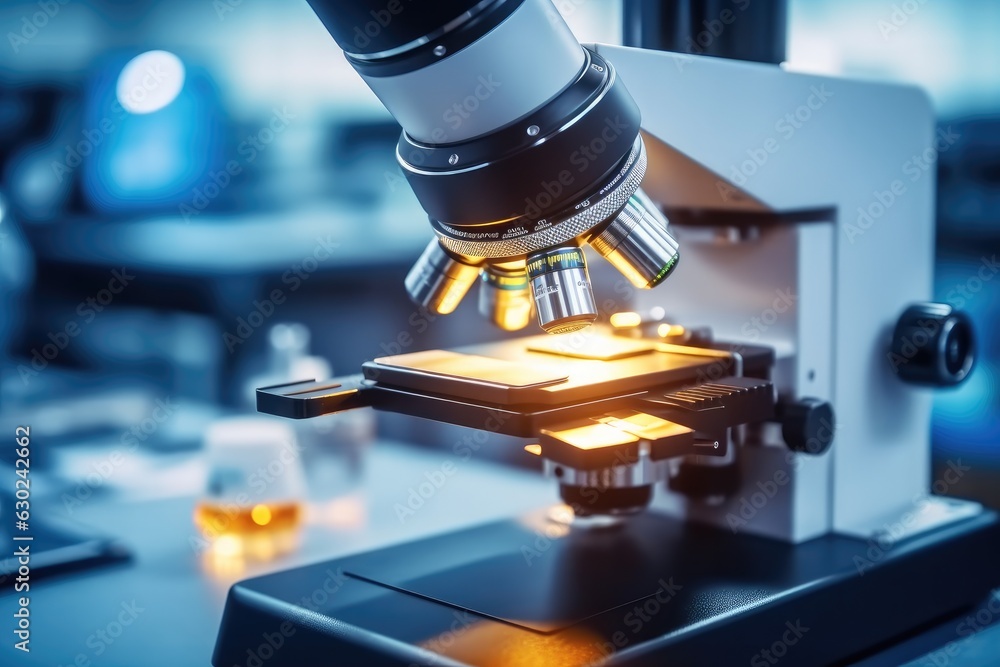 Poster microscope in lab, light microscope objective lenses.