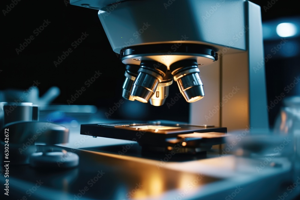 Poster microscope in lab, light microscope objective lenses.