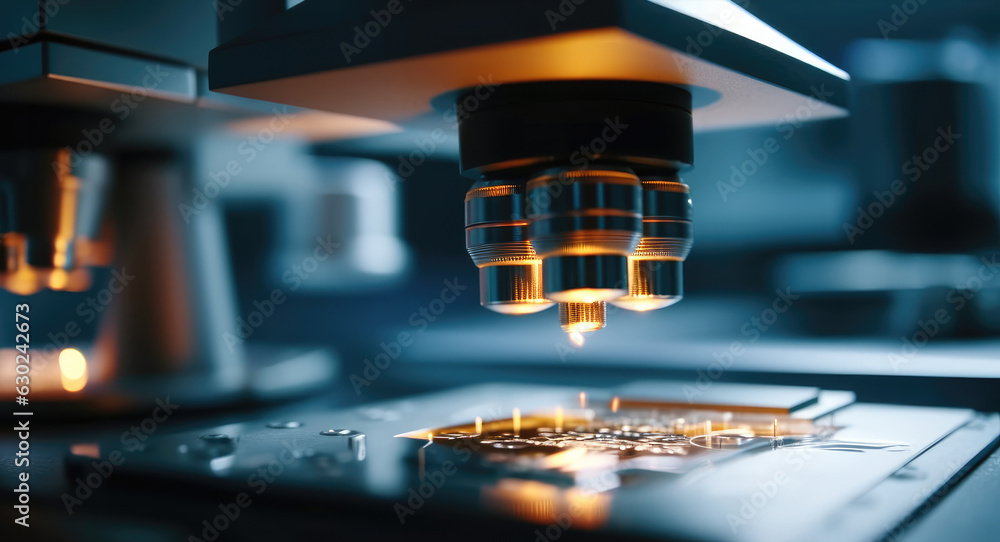 Aufkleber closeup microscope data analysis in the laboratory, medicine equipment research setting in lab for c