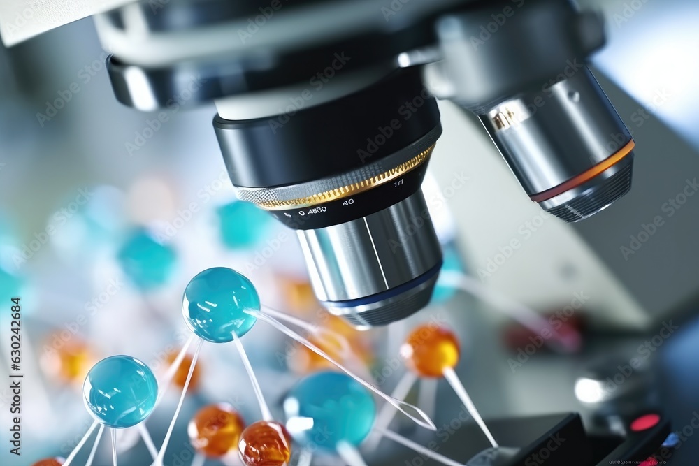 Poster microscope in lab, light microscope objective lenses.