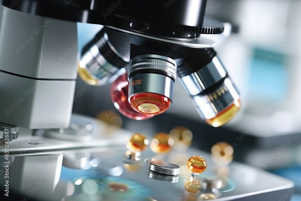 Poster objective lenses of a microscope, light microscope stage and lenses.