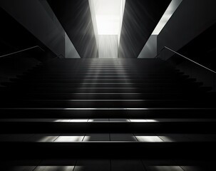 A single ray of light illuminates a stark, monochrome staircase in perfect symmetry, creating an ethereal and mysterious atmosphere inside the dark indoor space
