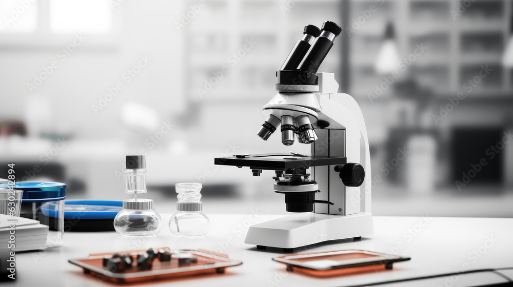 Poster microscope, microscope lens in a science laboratory.