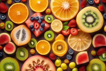 top view of fresh fruits neatly arranged for background. Generative AI.