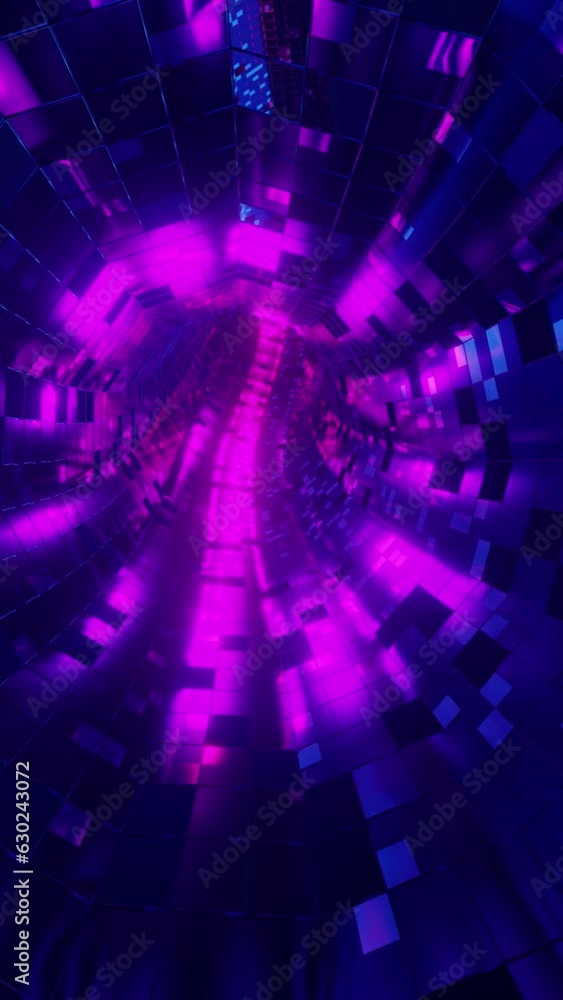 Poster 3d render loop animation of tunnel with glowing neon pattern