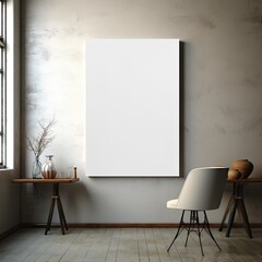 A blank white canvas of a room filled with a striking white chair and table, surrounded by a wall of knowledge, creativity, and potential, ready to be unleashed onto the floor below