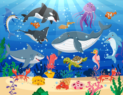 Underwater world life cartoon. Tropical fish cartoon with beautiful underwater world. Vector illustration