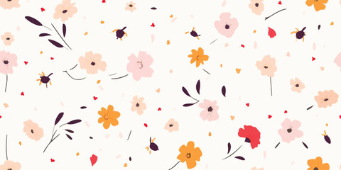 Minimal little flowers illustration pattern. Cute floral seamless pattern. Fashionable template for design