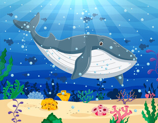 Cartoon whale swimming in the ocean. Vector illustration © bahtiarmaulana
