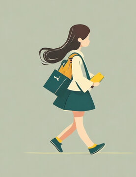 Ilustracion de alumna de colegio con vestido y mochilla verde volviendo al colegio. Sin numerar