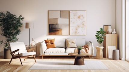 White beige tone, warm living room interior, and flowerpot. Generative AI