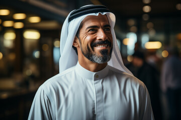 Arabic man indoor smiling while wearing traditional white Shemagh gown with black agal - obrazy, fototapety, plakaty