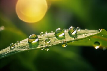 Beautiful water drops sparkle in sun on leaf in sunlight, macro. Big droplet of morning dew outdoor, beautiful round bokeh. Amazing artistic image of purity of, Generative AI