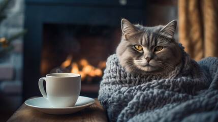 Comfy grey cat in covered with wool clothes drinking a hot beverage cup in cosy home , winter ambiance background