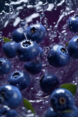 blueberries in water with leaves and water. ai generated images