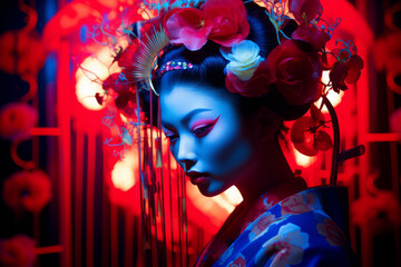 Japanese Geisha Japanese girl with red lipstick and elaborate kimono colorful red background