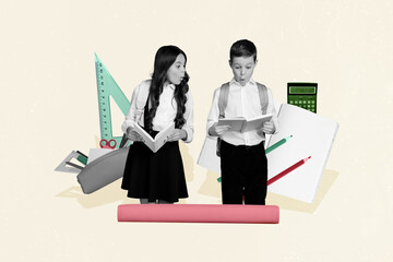 Creative composite photo collage of impressed astonished schoolkids staring at book on difficult...
