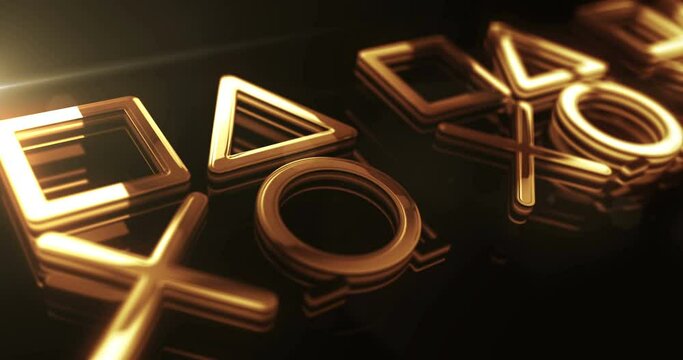 Joystick gaming console video play and cyber esports golden metal shine symbol concept. Spectacular glowing and reflection light icon abstract. Seamless and looped 3d animation.
